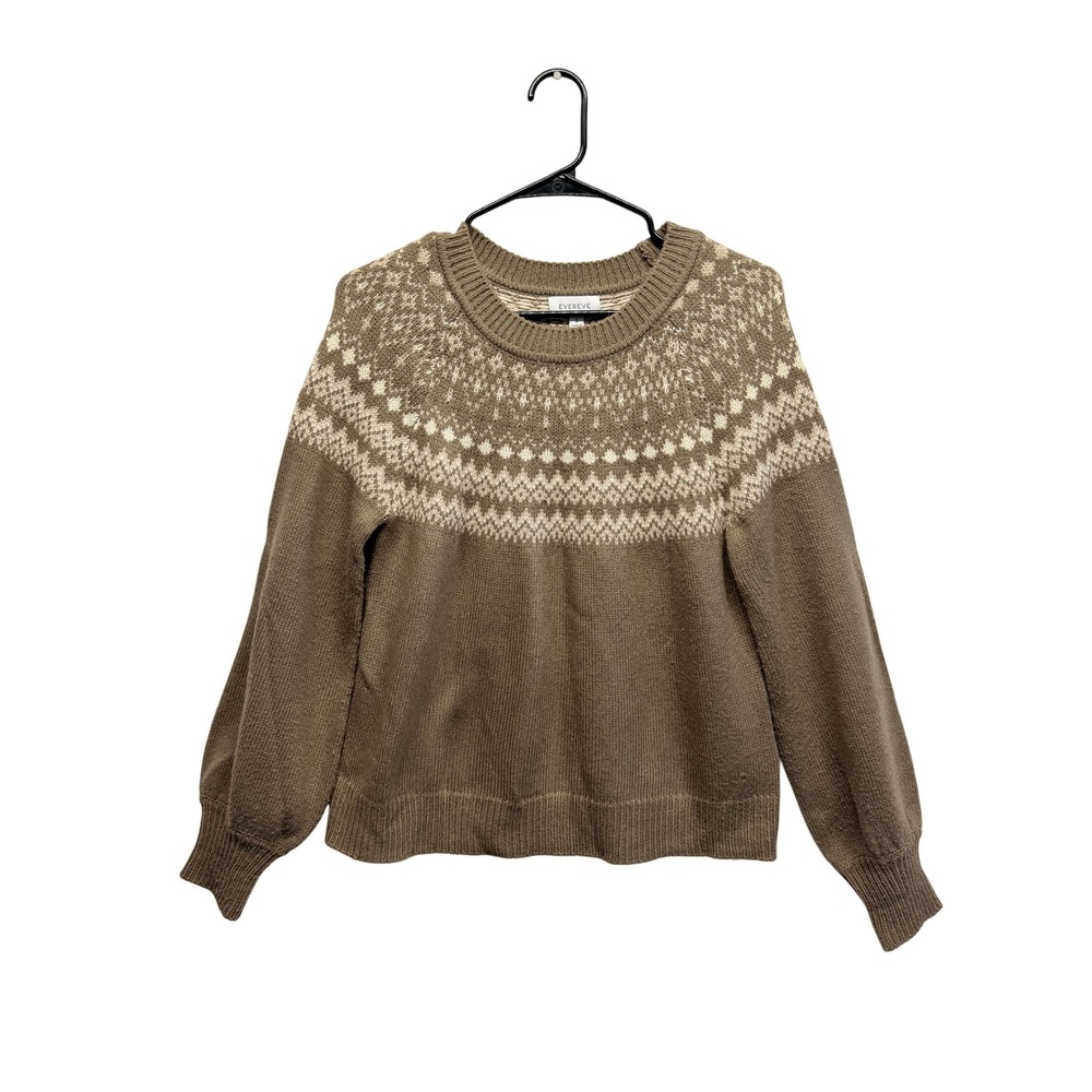 Evereve Womens Brown Fair Isle Crew Neck Balloon Sleeve Knit Sweater Size S